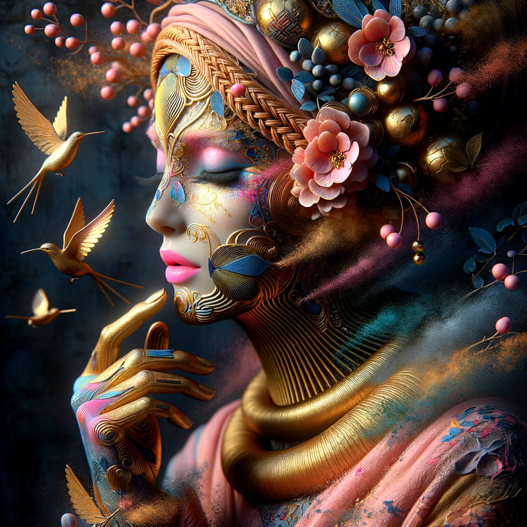 Portrait of a woman with golden patterns and birds