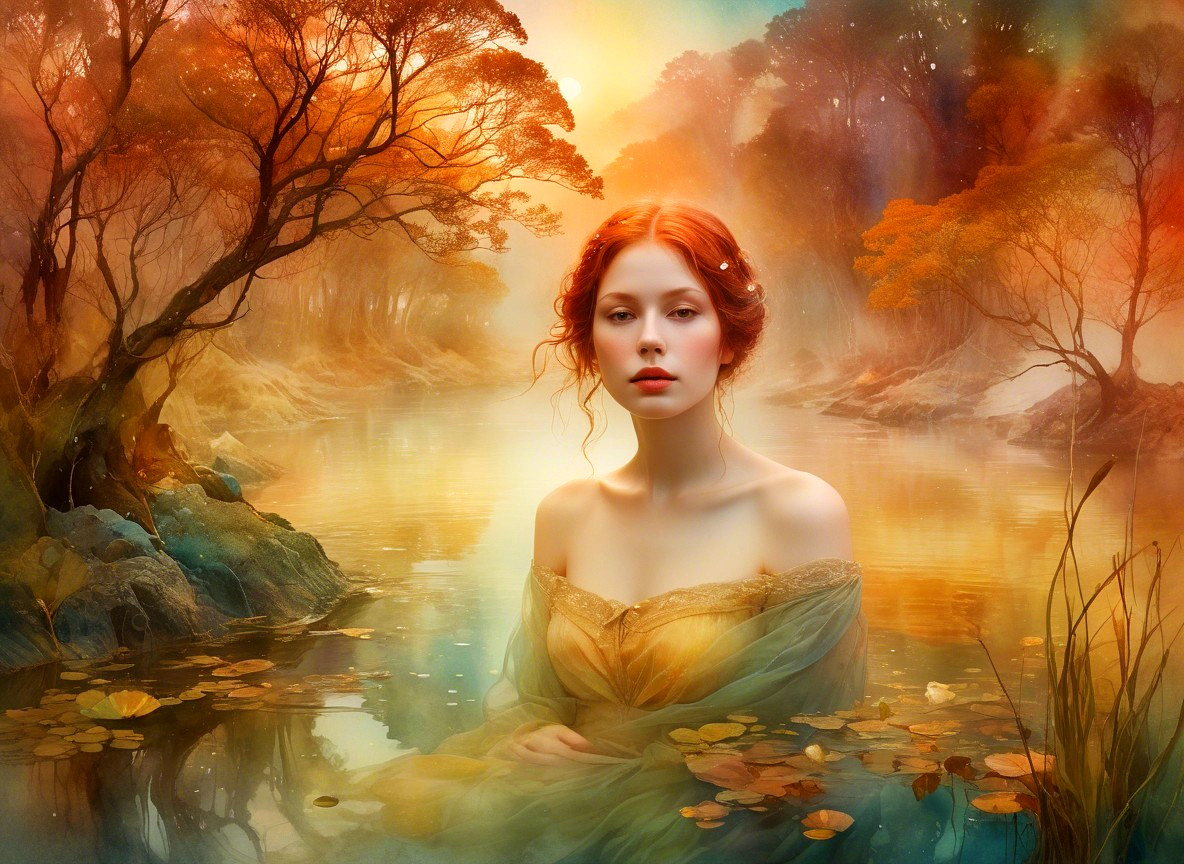 Serene Figure in Misty Forest Lake Setting