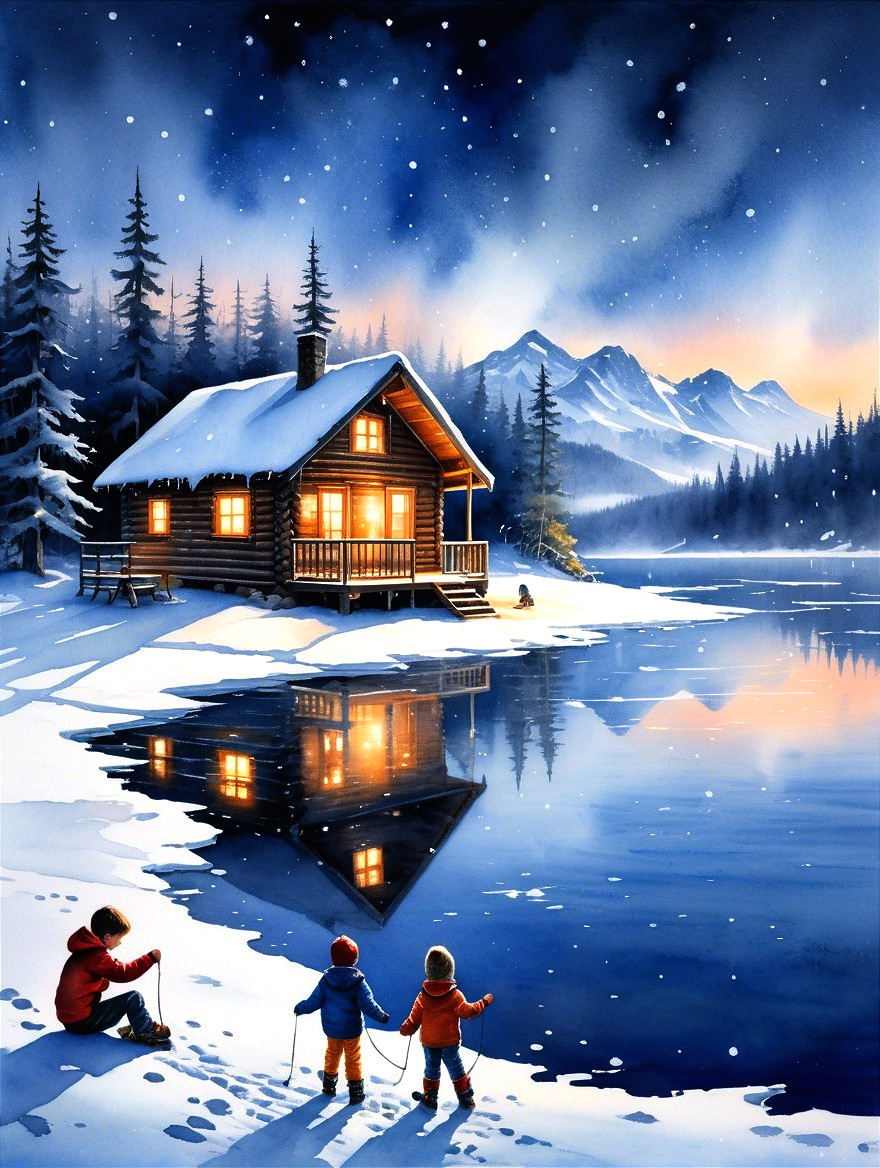 Cozy Cabin by Tranquil Lake in Winter Landscape