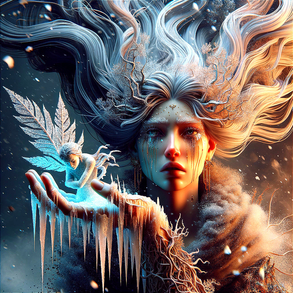 Mystical Winter Figure with Fairy and Snowflakes