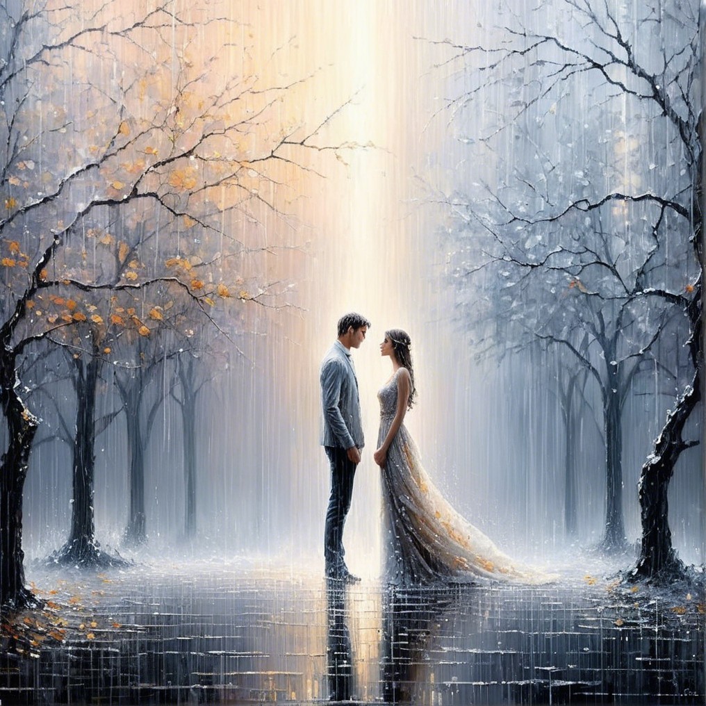 Couple Under Rain with Golden-Leaved Trees