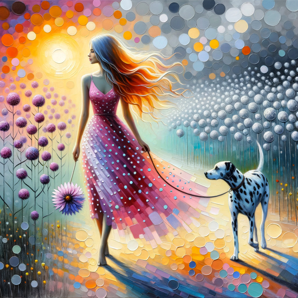 Whimsical Woman in Gradient Dress with Dalmatian Dog