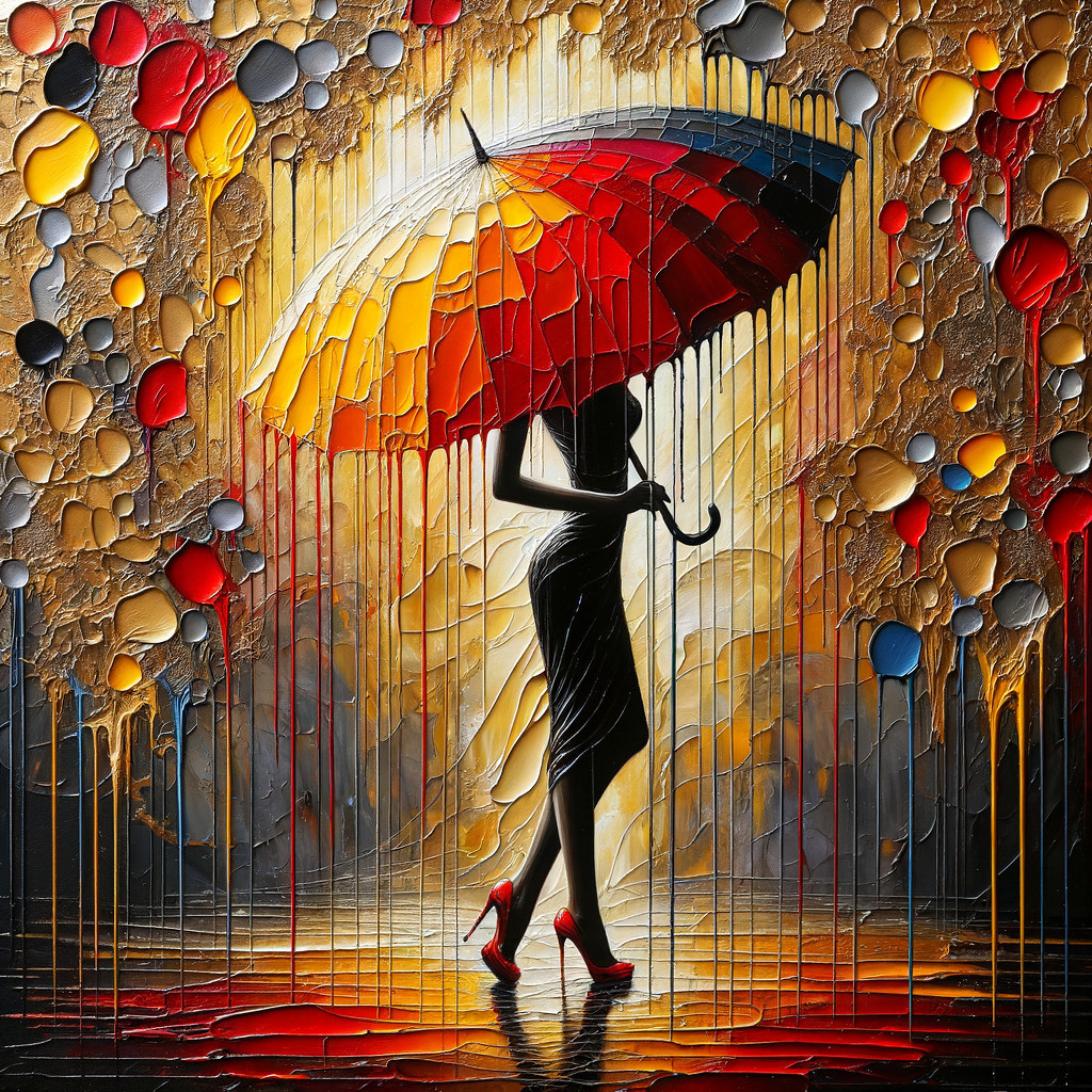 Textured painting of a woman with an umbrella in rain