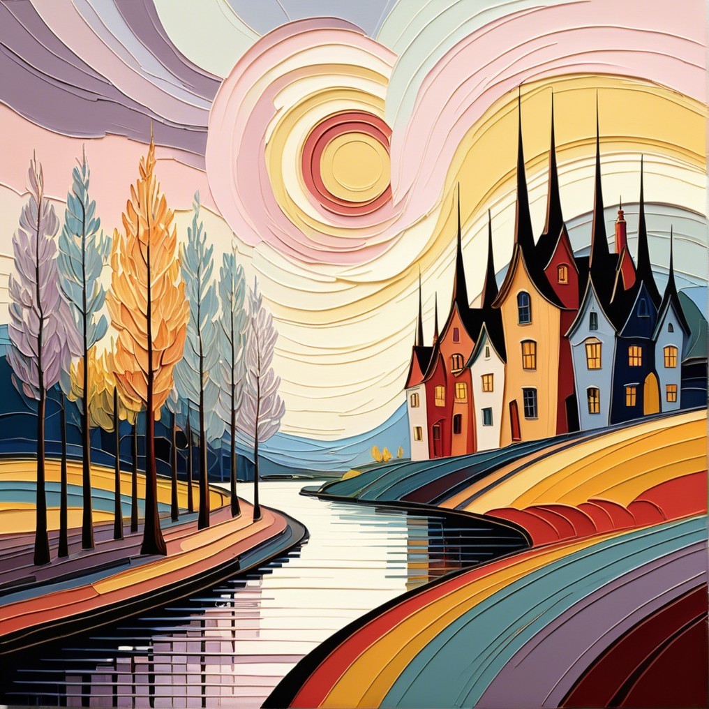 Whimsical Landscape with Colorful Houses and River