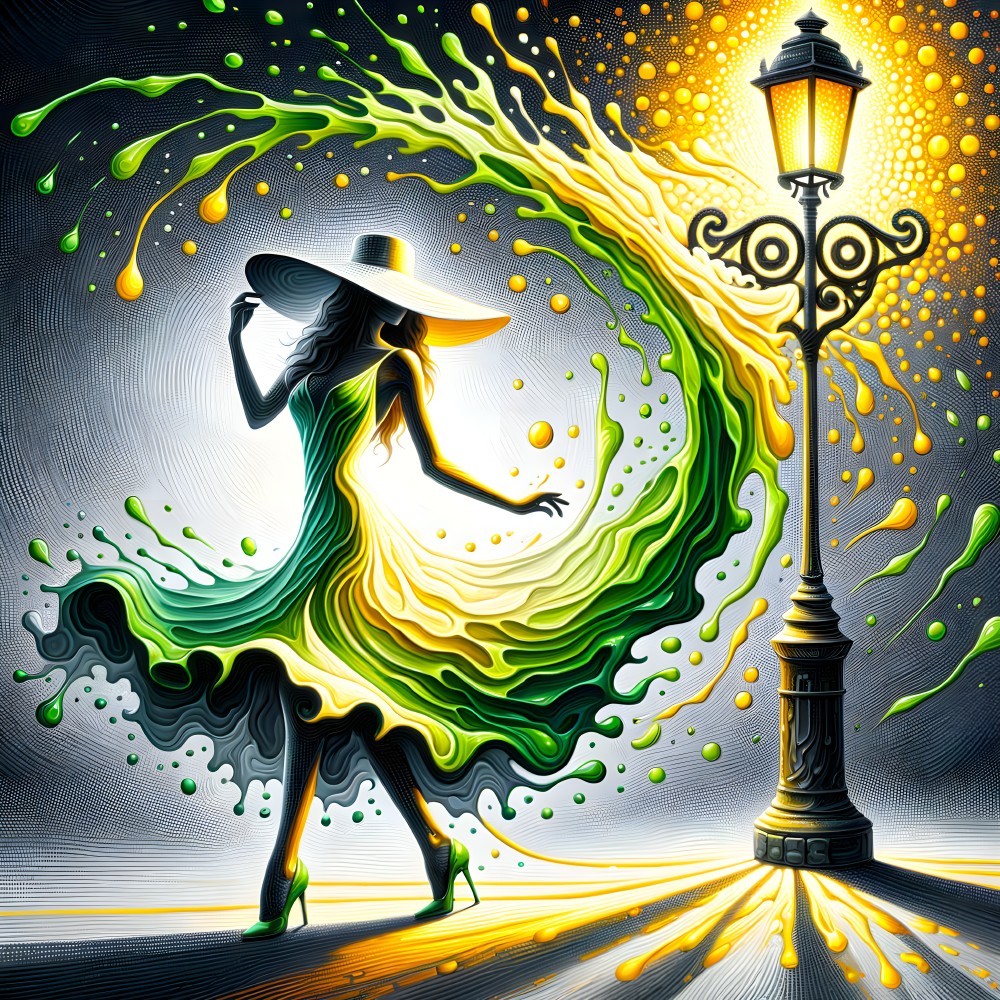 Dancer in Flowing Dress Under Vintage Streetlamp