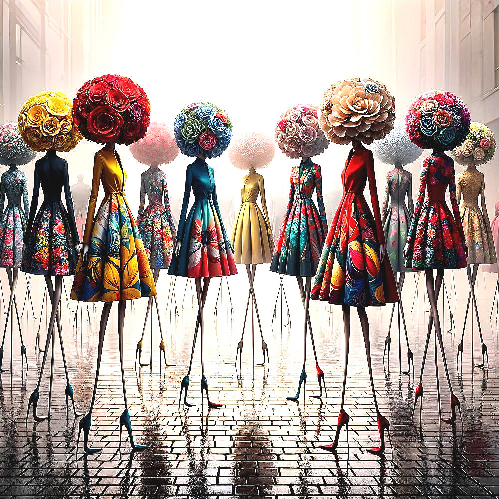 Colorful Figures in Floral Dresses on Cobblestone Street