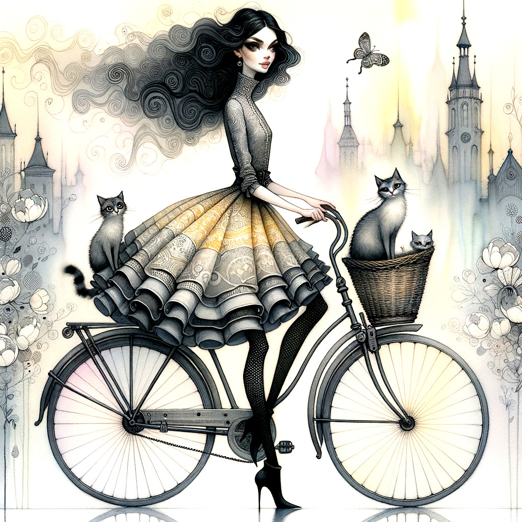 Stylish Woman on Vintage Bicycle with Cats and Flowers