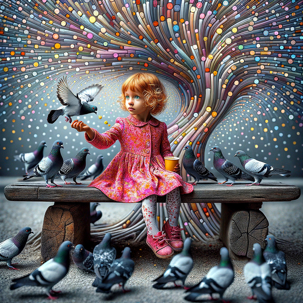 Young girl with red hair interacts with pigeons outdoors