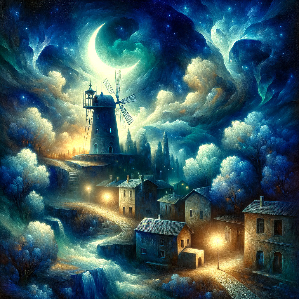 Serene Night Scene with Moonlit Village and Windmill