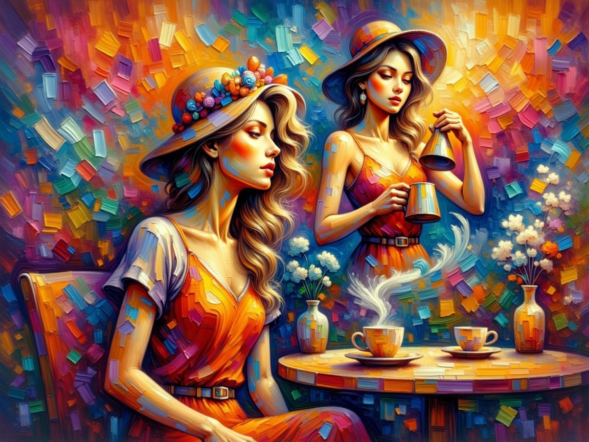 Vibrant Scene of Women with Coffee and Colorful Background