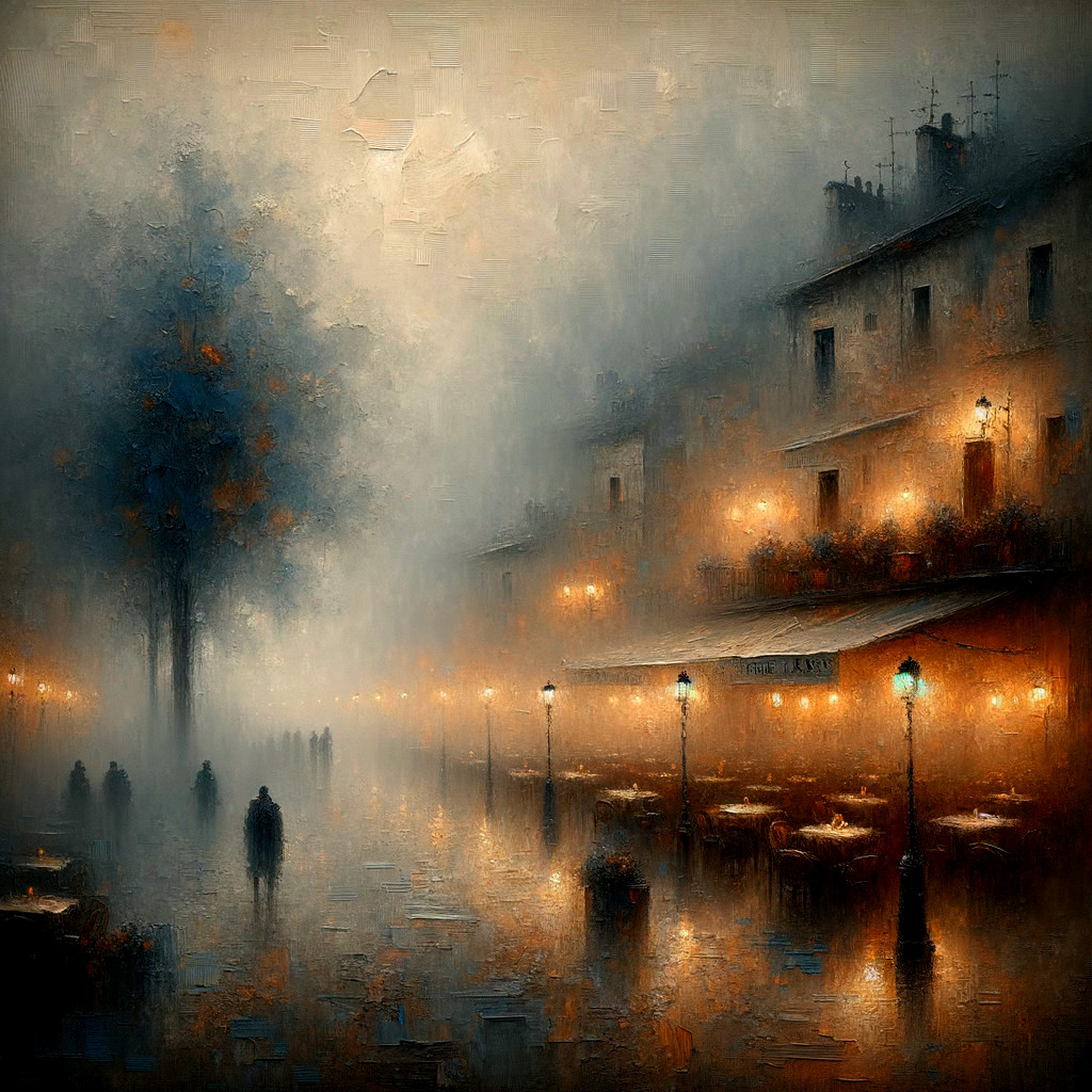 Foggy Street Scene with Warm Lights and Cafés