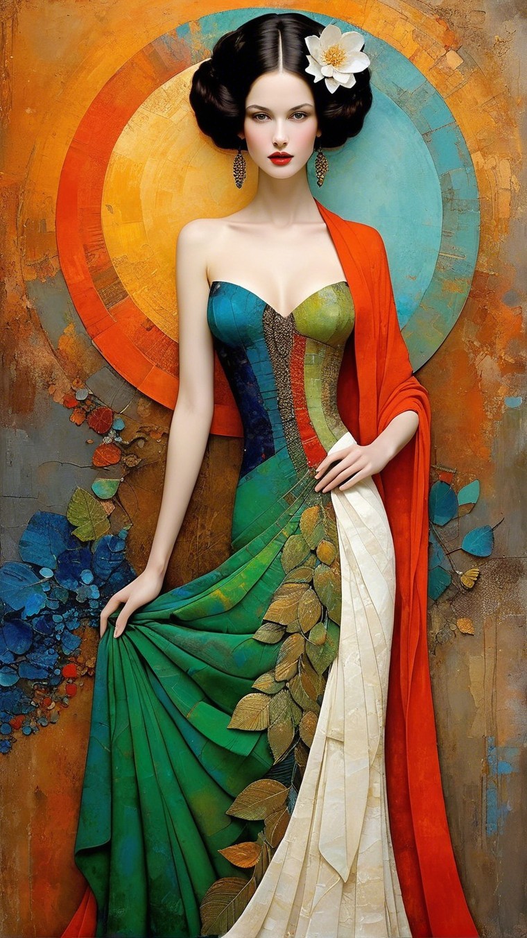 Elegant Woman in Colorful Gown with Floral Accents