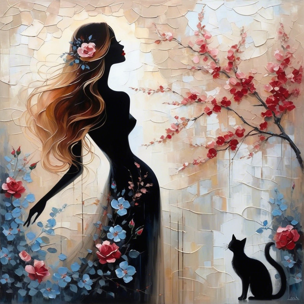 Silhouette of Woman with Flowers and Black Cat