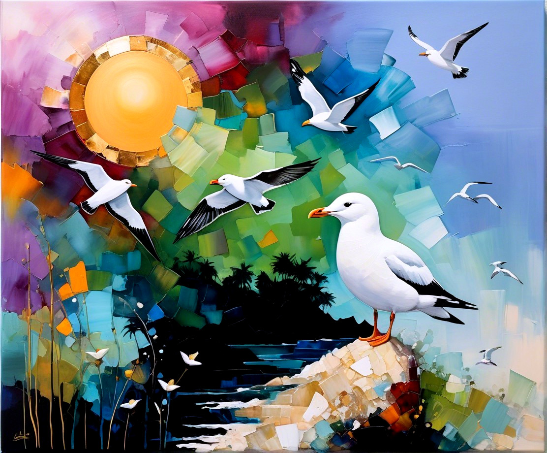 Vibrant Abstract Landscape with Seagulls and Sun