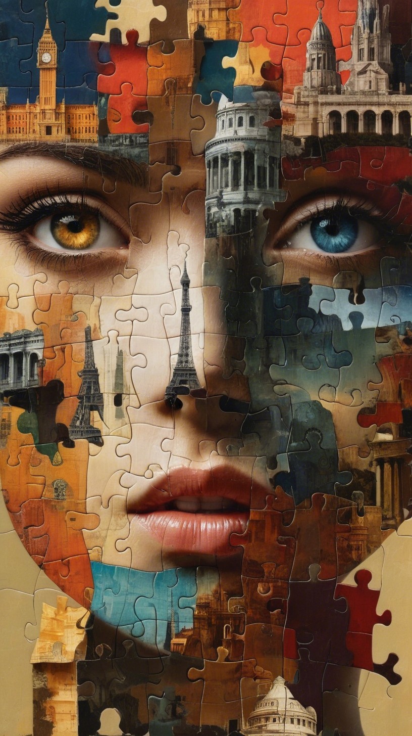 Close-Up of Symmetrical Female Face Made of Puzzle Pieces