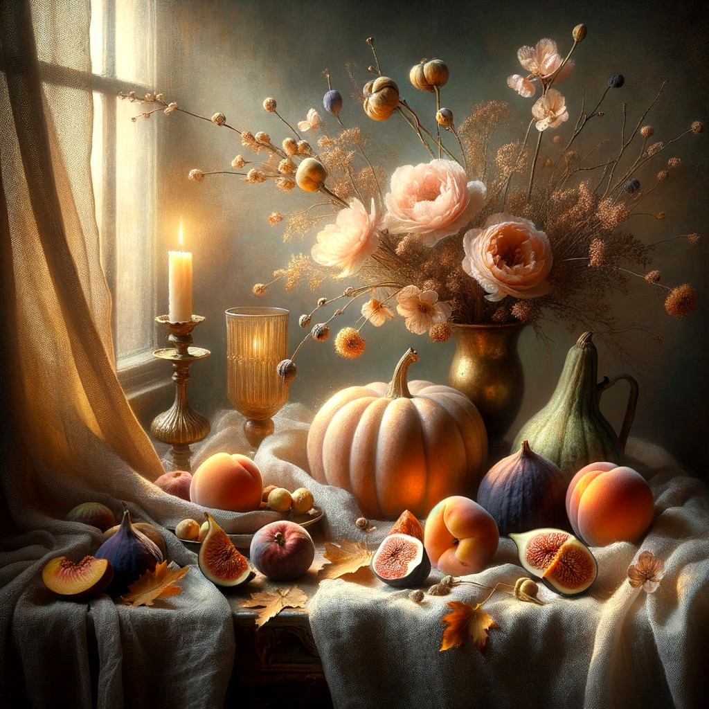 Autumn Still Life with Candlelit Fruits and Flowers