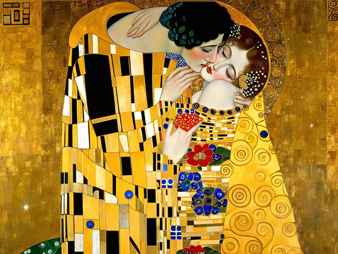 Couple Embracing in Passionate Kiss with Colorful Robes