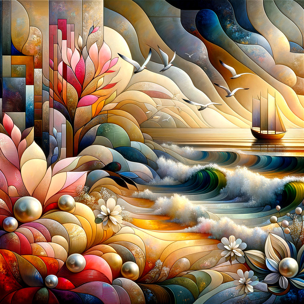 Vibrant Seascape with Abstract Shoreline and Sailboat