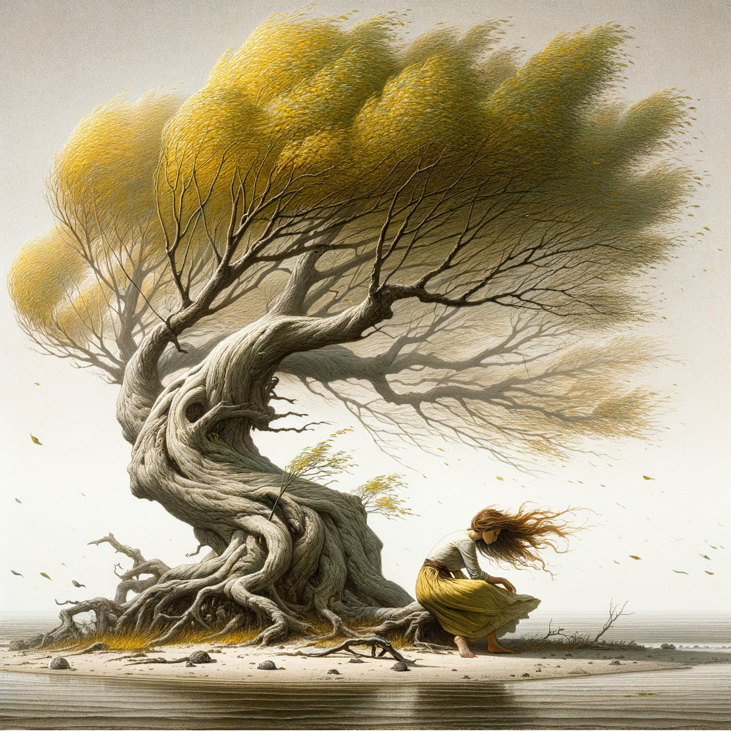 Surreal Landscape with Tree and Woman in Dress