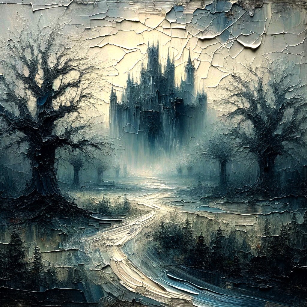 Misty Castle Landscape with Gnarled Trees and Path
