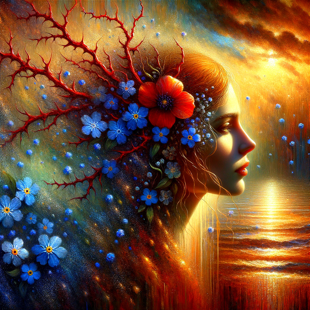 Serene Woman Profile with Blossoms and Ocean Background