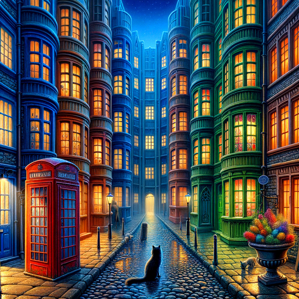 Colorful Alleyway with Illuminated Buildings and Cat