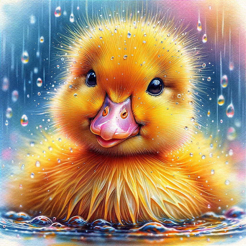 Vibrant Yellow Duckling in Rainy Colorful Scene