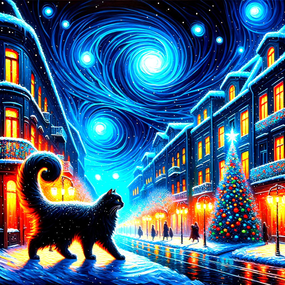 Whimsical Winter Scene with Cat and Festive Lights