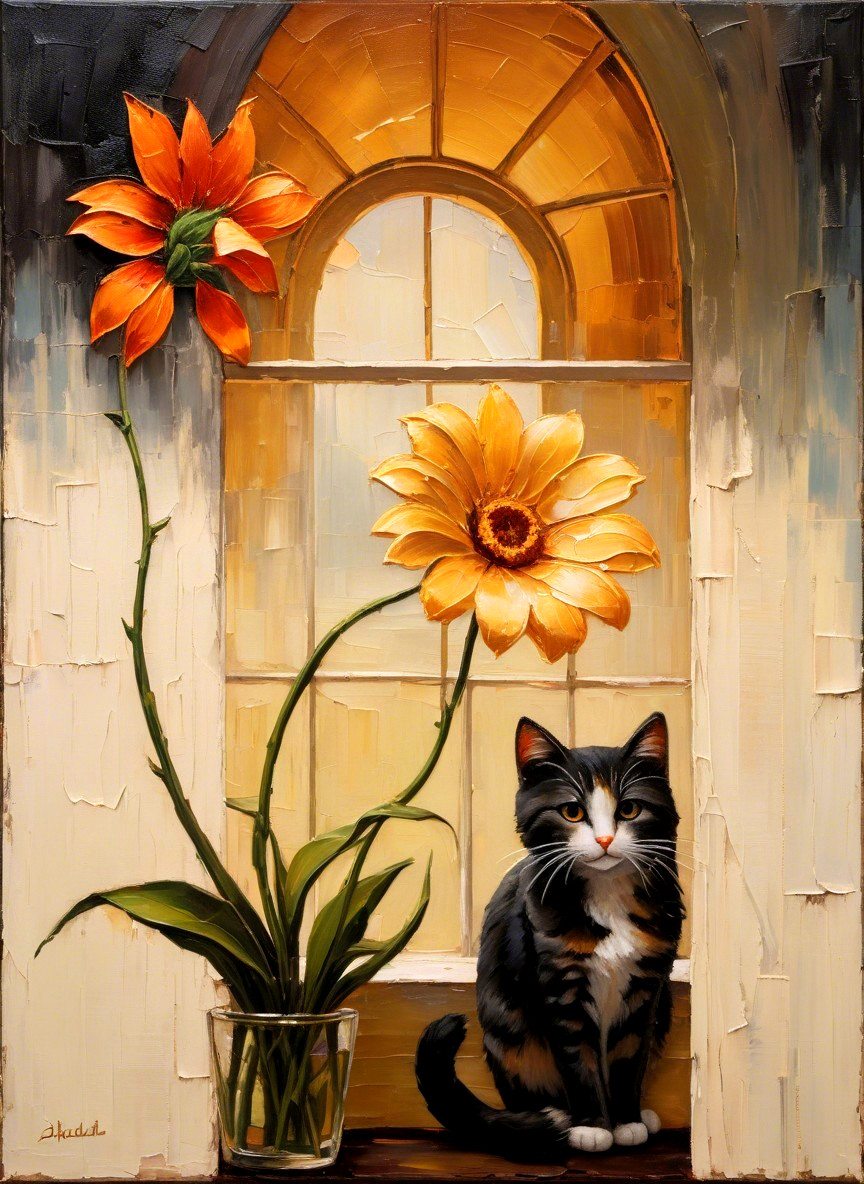 Cozy Interior with Tabby Cat and Yellow Flower