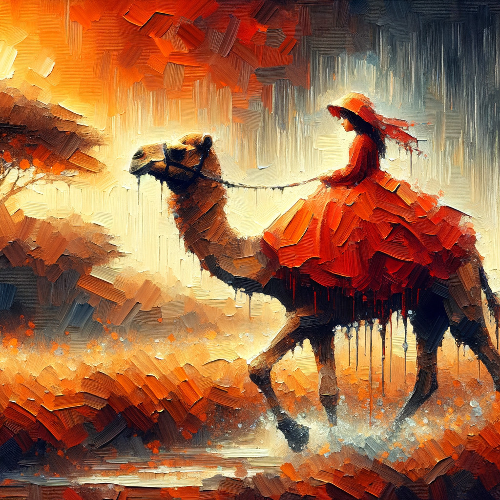 Impressionistic Scene of Girl Riding Camel in Vibrant Landscape