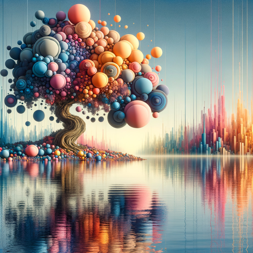 Surreal Landscape with Colorful Tree and Abstract Skyline