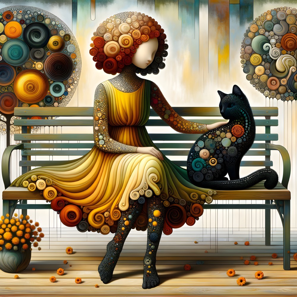 Whimsical scene of a girl with vibrant hairstyle and cat