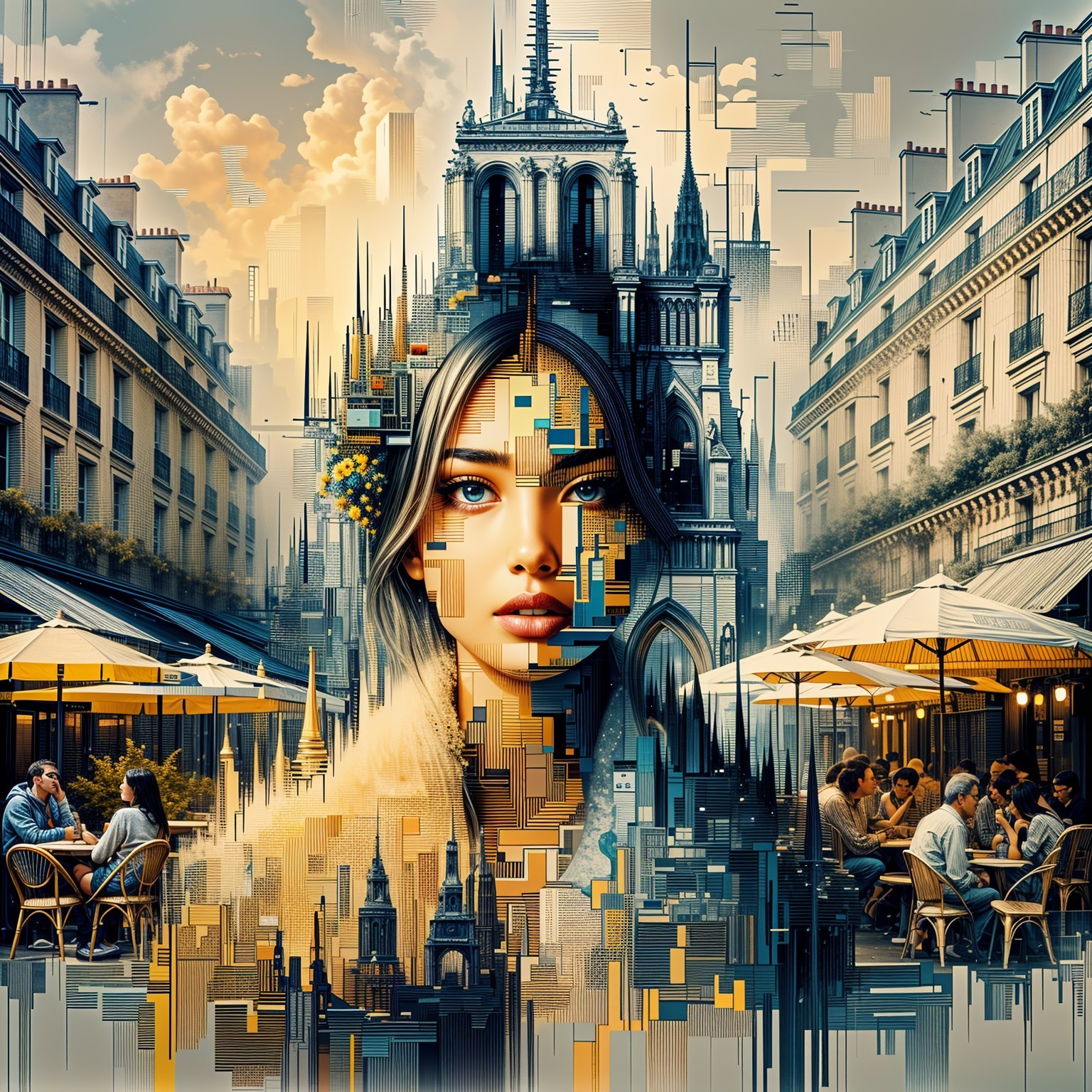 Modern cityscape blended with a stylized woman’s portrait