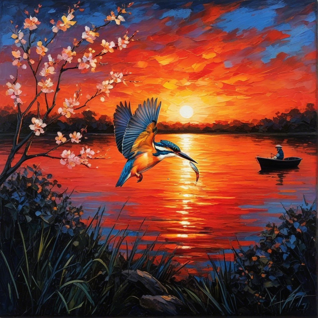 Vibrant Sunset Over Tranquil Lake with Wildlife