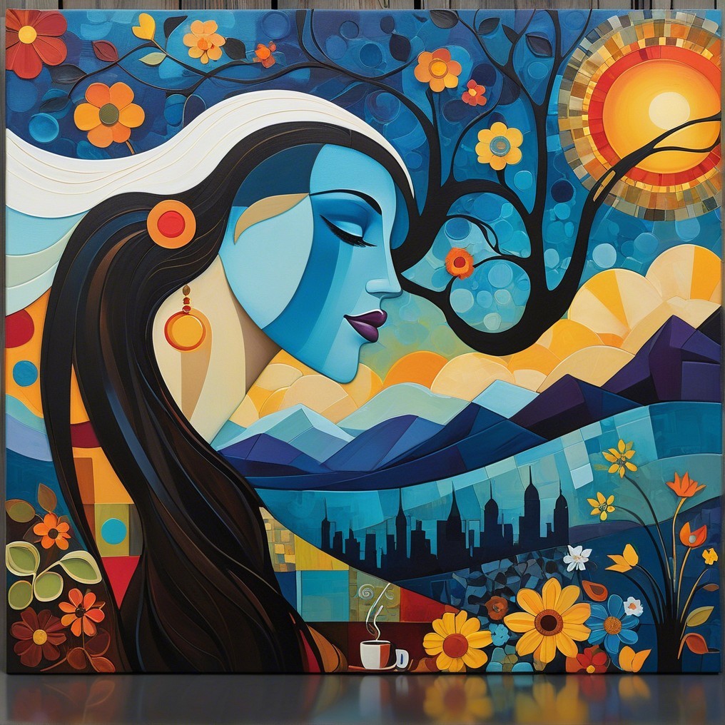 Abstract Painting of Serene Woman with Colorful Landscape