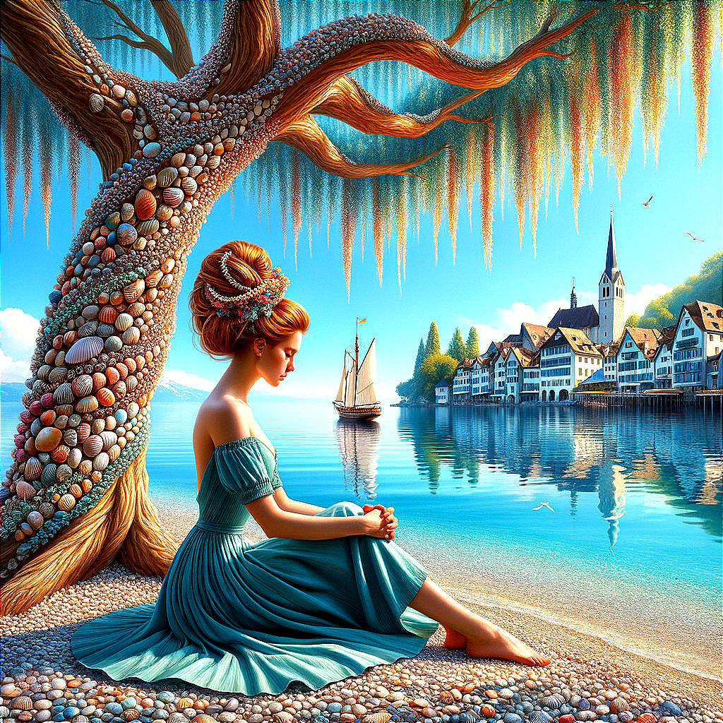 Coastal Scene with Young Woman by Serene Shoreline