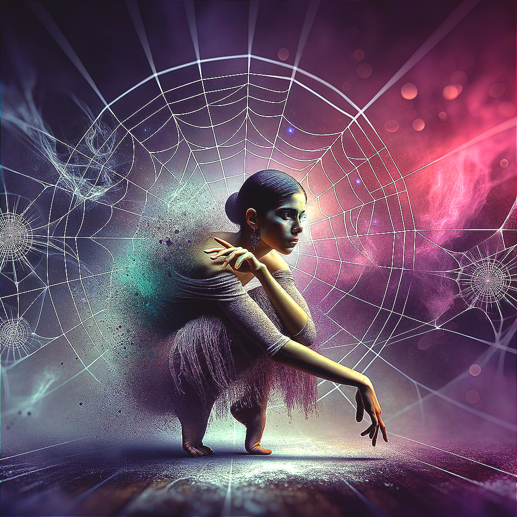 Mystical Figure in Swirling Mist with Web Design