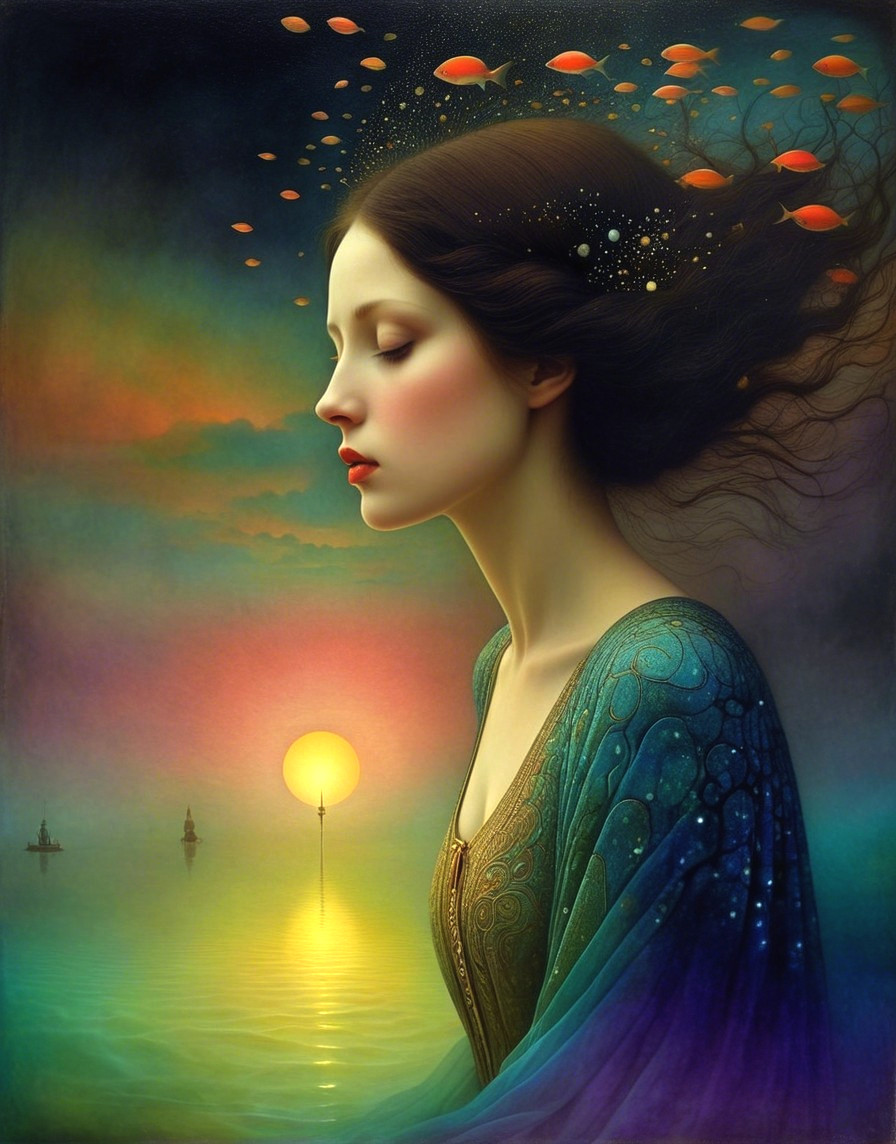 Serene Woman Profile at Vibrant Sunset by Water