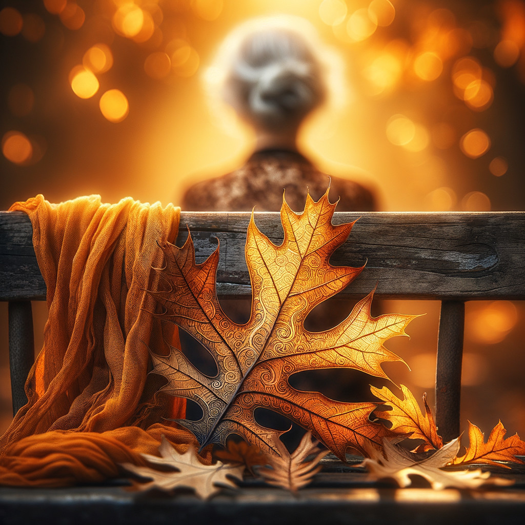 Autumn Scene with Silver-Haired Figure on Bench