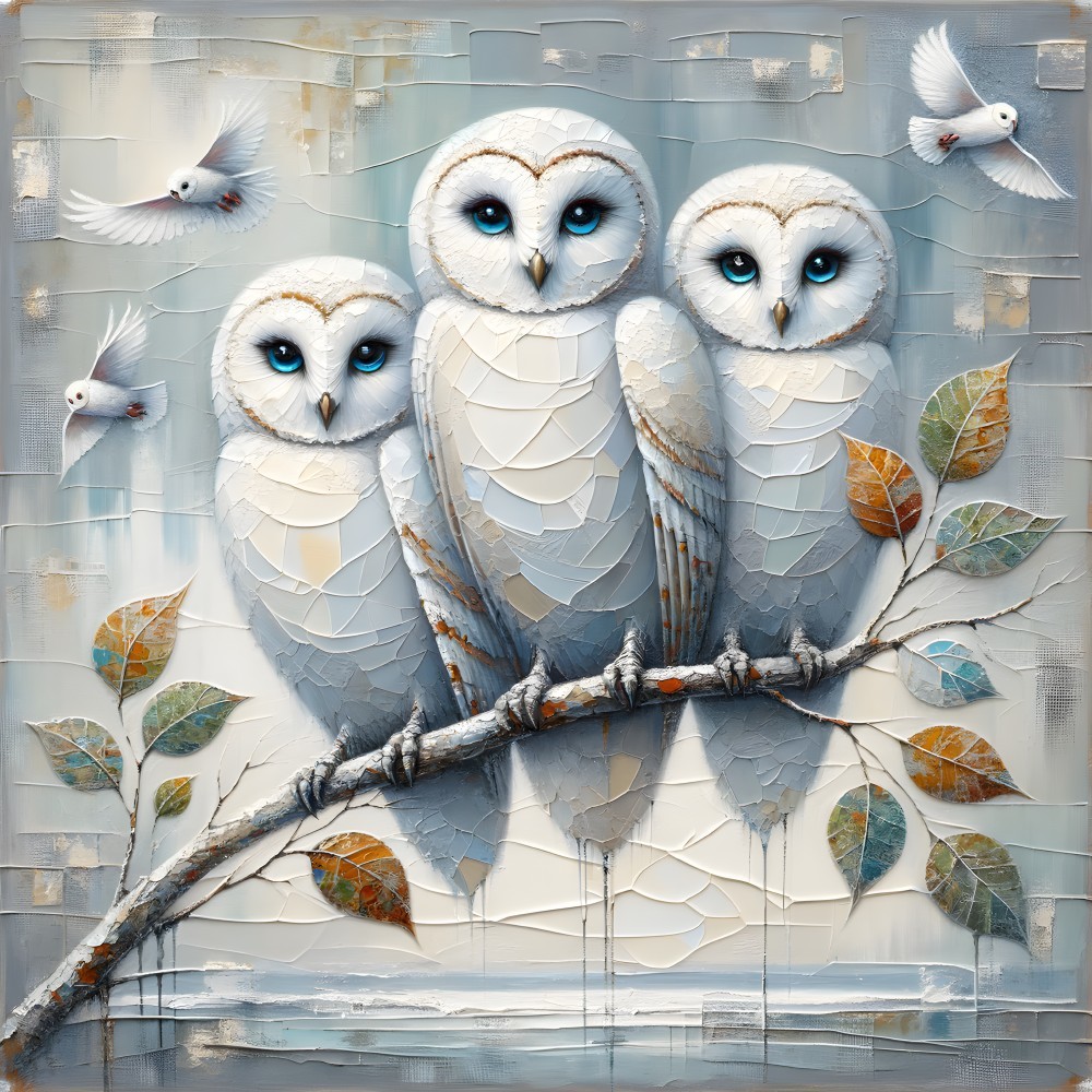 Three White Owls Perched on a Branch with Leaves