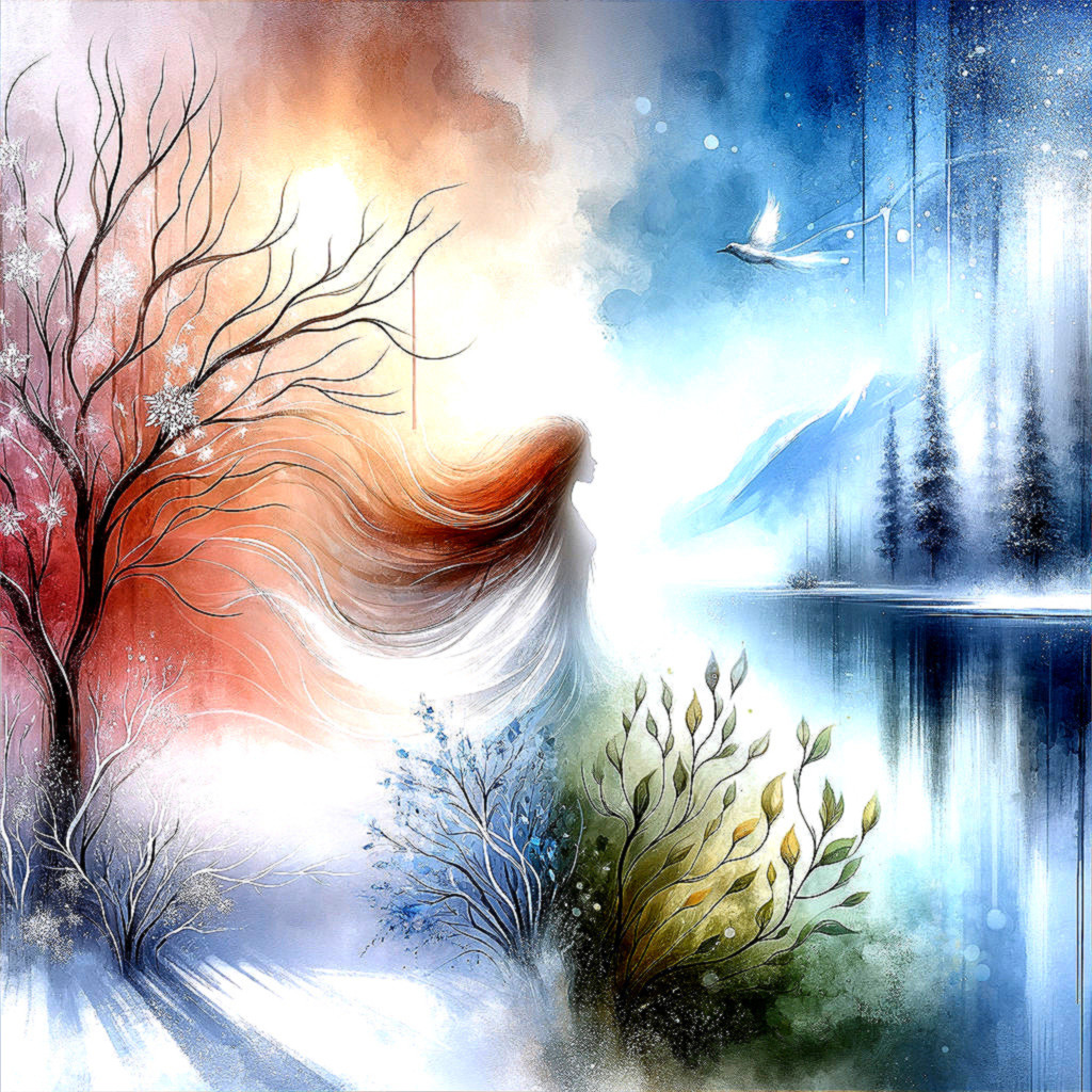 Serene Figure Transitioning Between Autumn and Winter