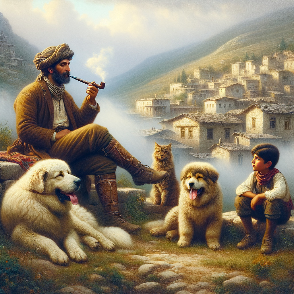 Serene Village Scene with Man, Dogs, and Boy