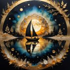 Sailboat on Calm Lake at Vibrant Sunset Reflection