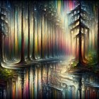 Serene forest scene with vibrant colors and reflections