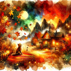 Watercolor Autumn Scene with Black Cat on Swing