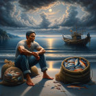 Lone Fisherman on Serene Beach with Day's Catch