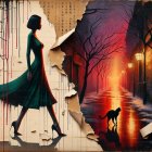 Digital Artwork of Woman in Green Dress in Alley Scene