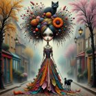 Whimsical Illustration of Doll-Like Woman and Pets