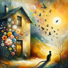 Vibrant Oil Painting of a Rustic House and Flowers