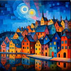 Colorful Landscape of a Whimsical Town at Night